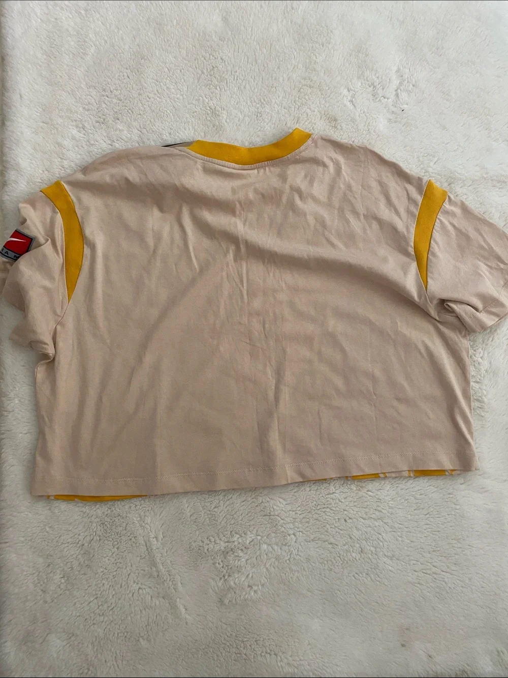 Nike Beige Cropped V-Neck Top with Yellow Logo and Trim